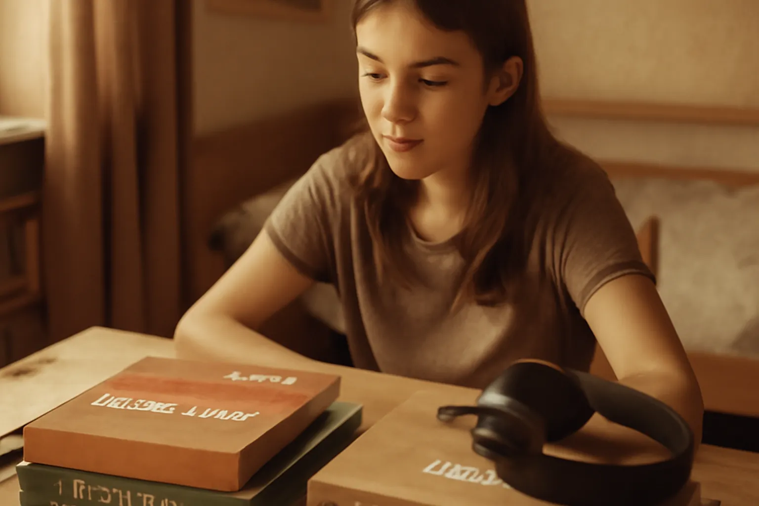 Adolescente bilingue russe étudiant a son bureau avec livres en russe et français