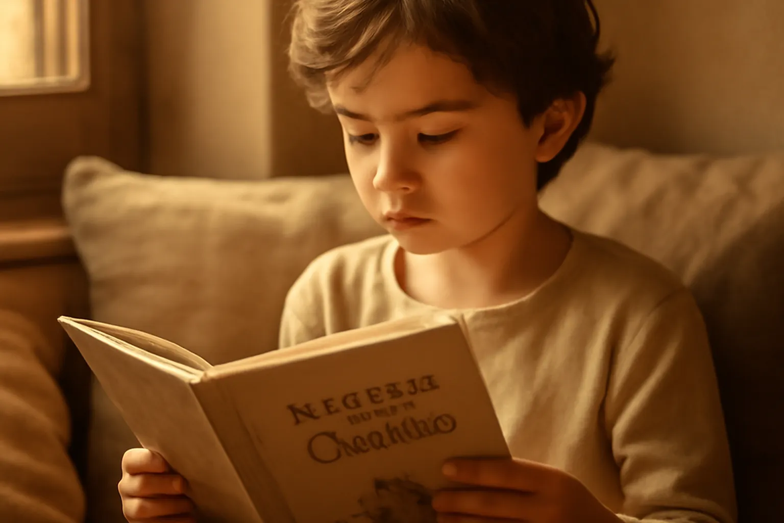 Enfant lisant un livre russe a la maison après l'école