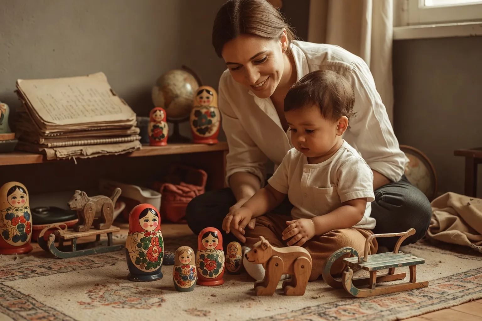 Père lisant un livre russe a sa fille dans le salon