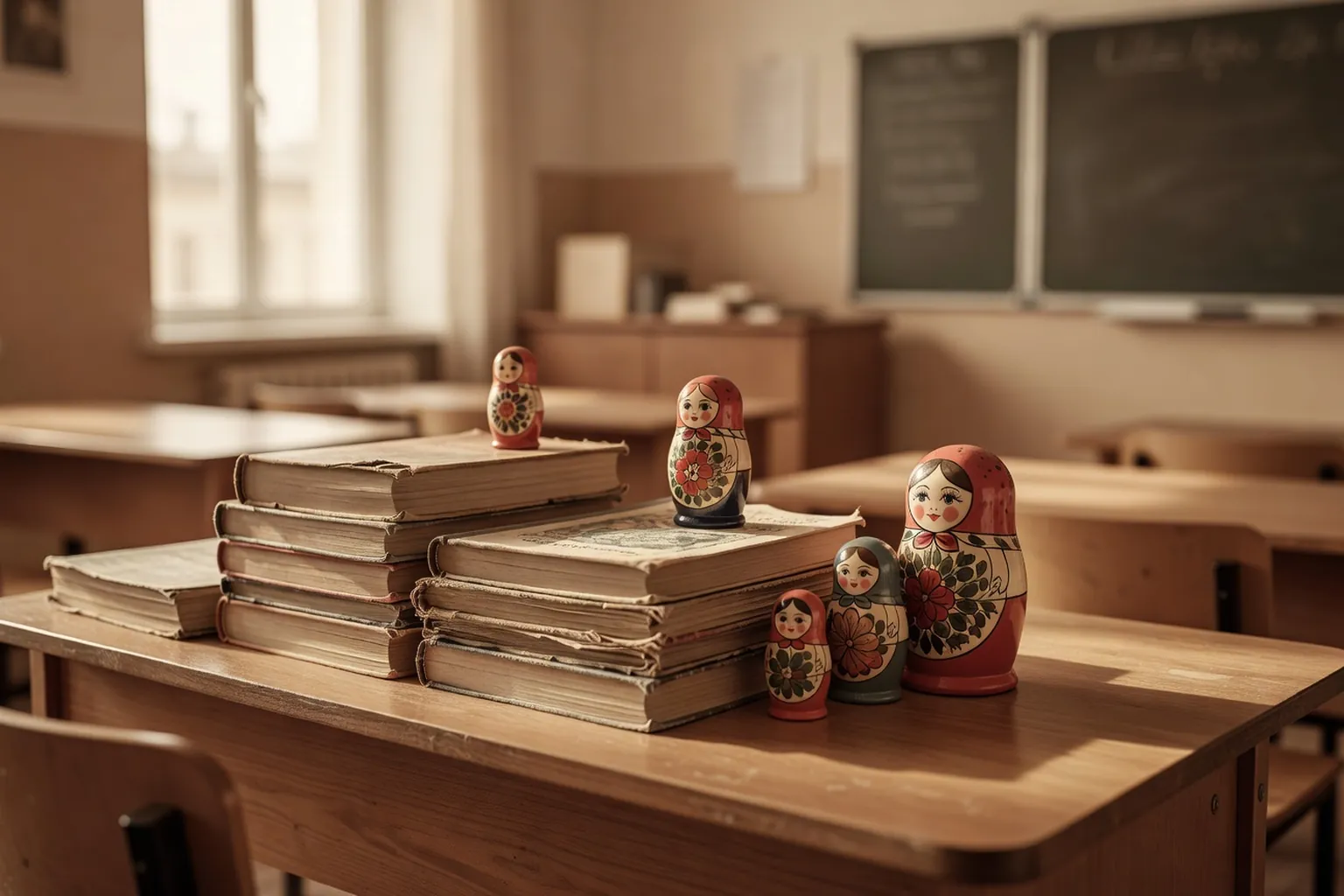 Manuels scolaires russes pour enfants empiles avec un livre ouvert